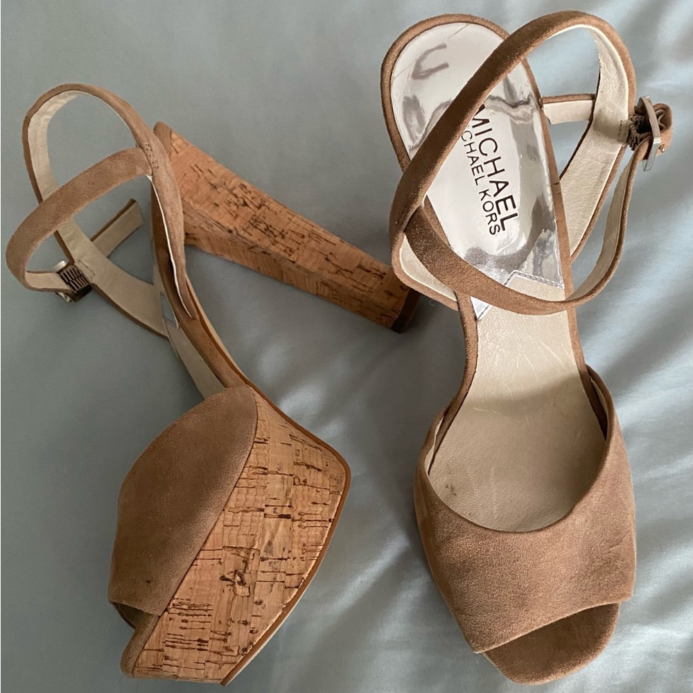 Michael Kors Tan Suede Cork Platform Sandals